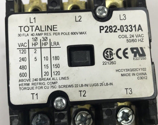 TOTALINE P282-0331A 40 AMP RES PER POLE 600V MAX 3 POLE COIL 24VAC 50/60HZ