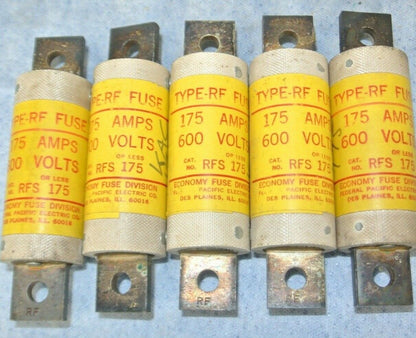 LOT of 5 / ECONOMY RF175 TYPE RF FUSES 175A / 600V / NEW SURPLUS