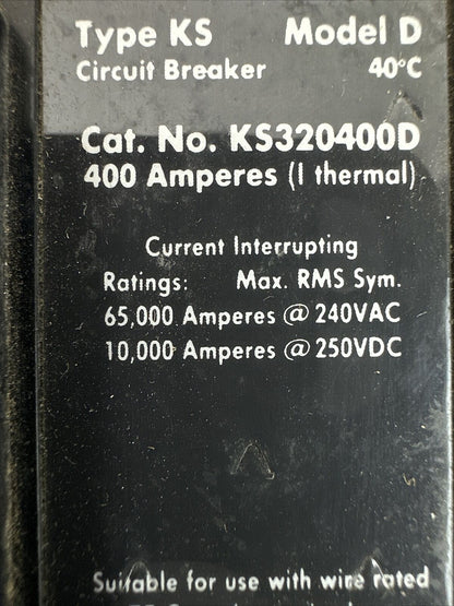 CUTLER HAMMER KS320400D CIRCUIT BREAKER MODEL D 400AMP 240VAC 250VDC 3POLE