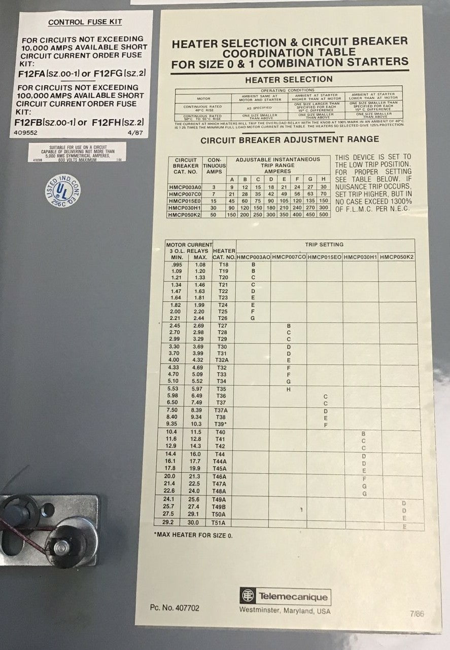 TELEMECANIQUE A31C481D-MOD5 COMBO MOTOR STARTER DISCONN.10HP 3PH 480V
