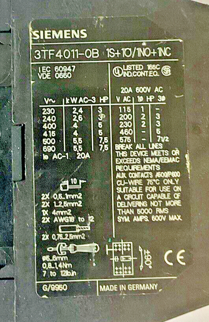 SIEMENS 3TF4011-0B CONTACTOR 1S+1O/1NO-1NC