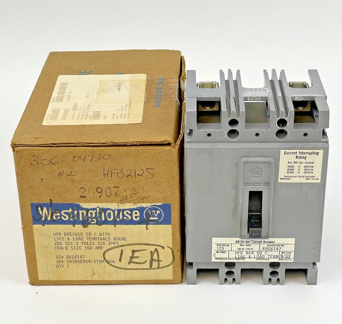 WESTINGHOUSE- HFB2125 - CIRCUIT BREAKER - 2P, 125A, 50C, 600 V AC, 250 V DC