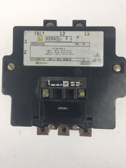 SQUARE D 8502SF02 SIZE 4 CONTACTOR 600V 50/60HZ 31091-400-57 COIL 480V 60HZ