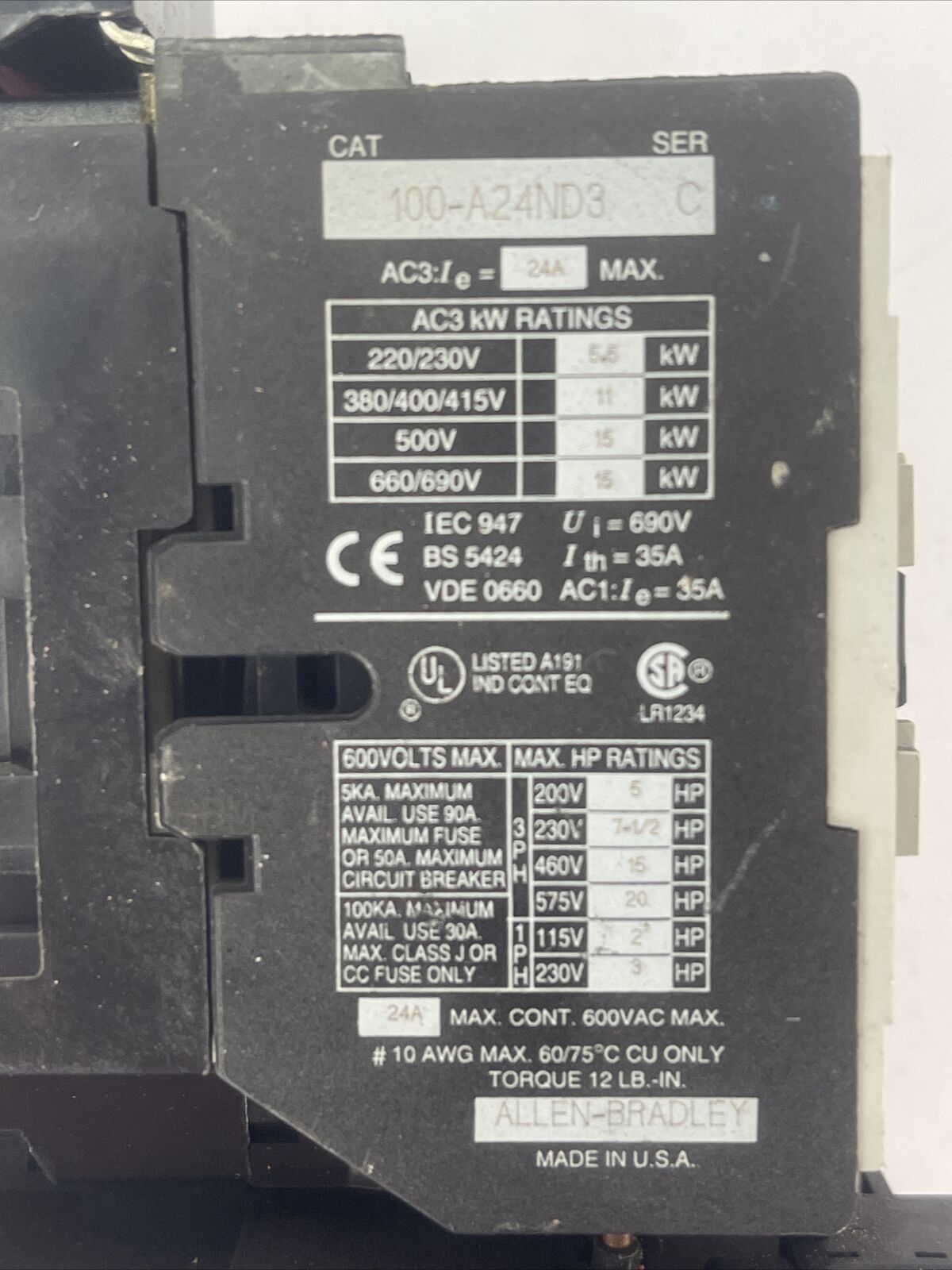 ALLEN BRADLEY STARTER 100-A24ND3 SER C CONTACTOR 600VAC 20HP 24A COIL 120V 60HZ