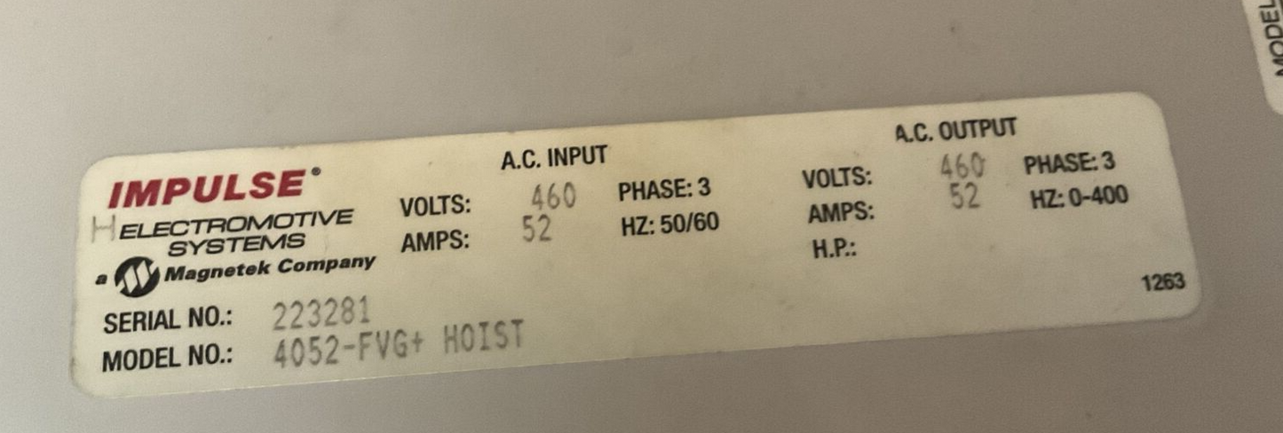 IMPULSE VG+ CIMR-G5M4022 4052-FVG+ SER S AC DRIVE 460VAC 3PH 52AMP CRANE CONTROL