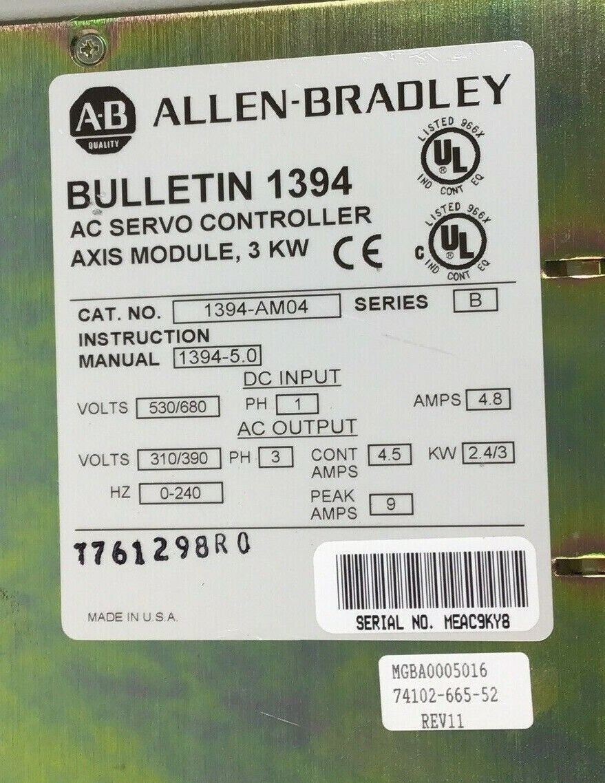 ALLEN BRADLEY 1394-AM04 SERVO CONTROLLER SER.B 530/680V 4.8AMPS 0-240HZ