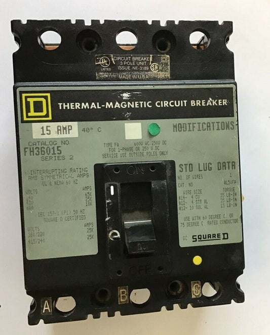 SQUARE D FH36015 CIRCUIT BREAKER 15A 600VAC