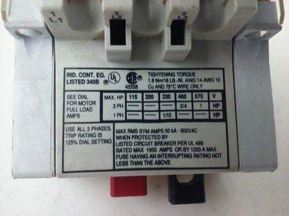 ALLEN BRADLEY 140-MN-0160, MANUEL MOTOR STARTER/ CIRCUIT BREAKER, 3PH, 600V,1.6A