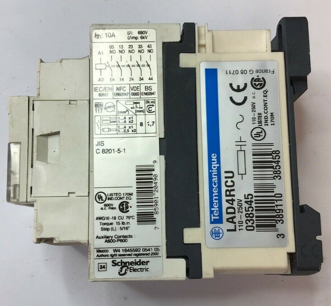 TELEMECANIQUE CAD50 CONTACTOR 10A 690V 6KV W/ LAD4RCU SUPPRESSOR 250V