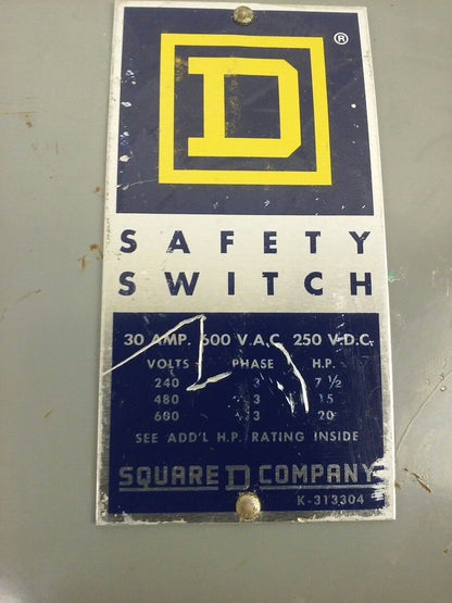 SQUARE D HU361, SER. A2, H.D. SAFETY SWITCH, 30A, 600V, NON FUSIBLE, INDOOR, NEW