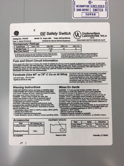 GE TH3222 HEAVY DUTY FUSIBLE SAFETY SWITCH 60AMPS 240VAC 250VDC 15HP 2P MODEL 10