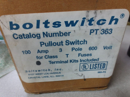 BOLTSWITCH PT363 PULLOUT SWITCH - 100A, 600V, 3-POLE - NEW SURPLUS - PT-363