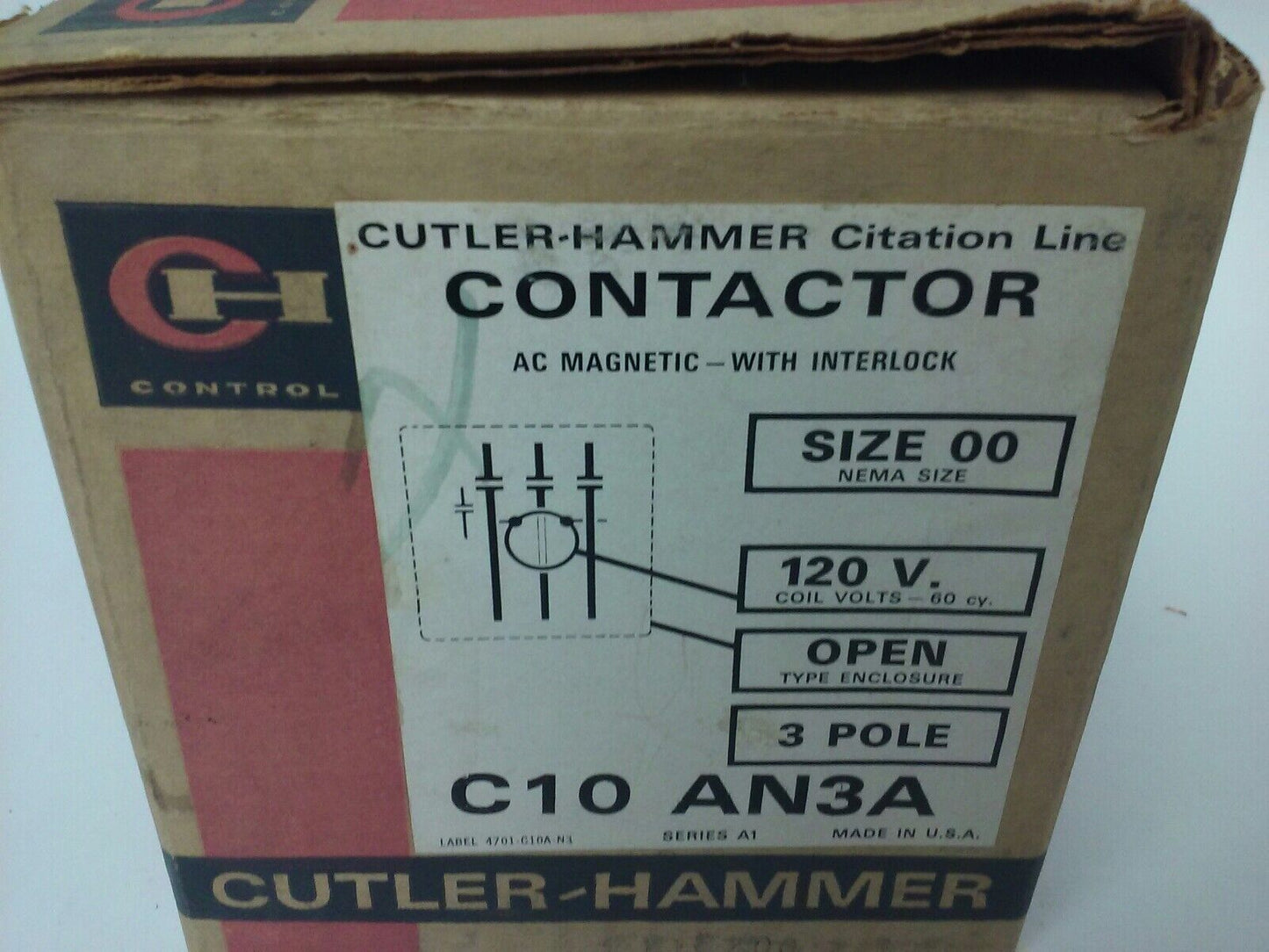 CUTLER HAMMER C10AN3A MAGNETIC CONTACTOR W/O INTERLOCK, 120V 60HZ COIL, C10AN3