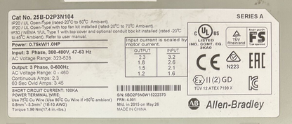 ALLEN BRADLEY 25B-D2P3N104 AC DRIVE FRN 4.001 SER A OUTPUT 0-460VAC 25-FAN1-70C