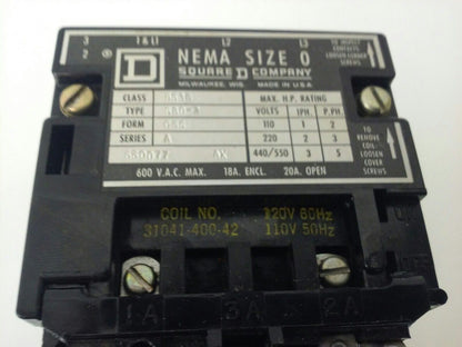 SQUARE D  CLASS 8536, TYPE SB0-2,STARTER, 3PH,600V,20A,5HP,SIZE 0,120V COIL,USED