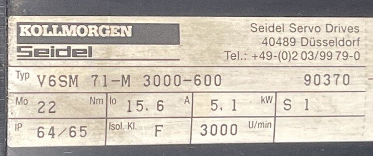 KOLLMORGEN SEIDEL SERVO DRIVE V6SM 71-M 3000-600 15.6A 5.1kW 64/65IP 22Nm