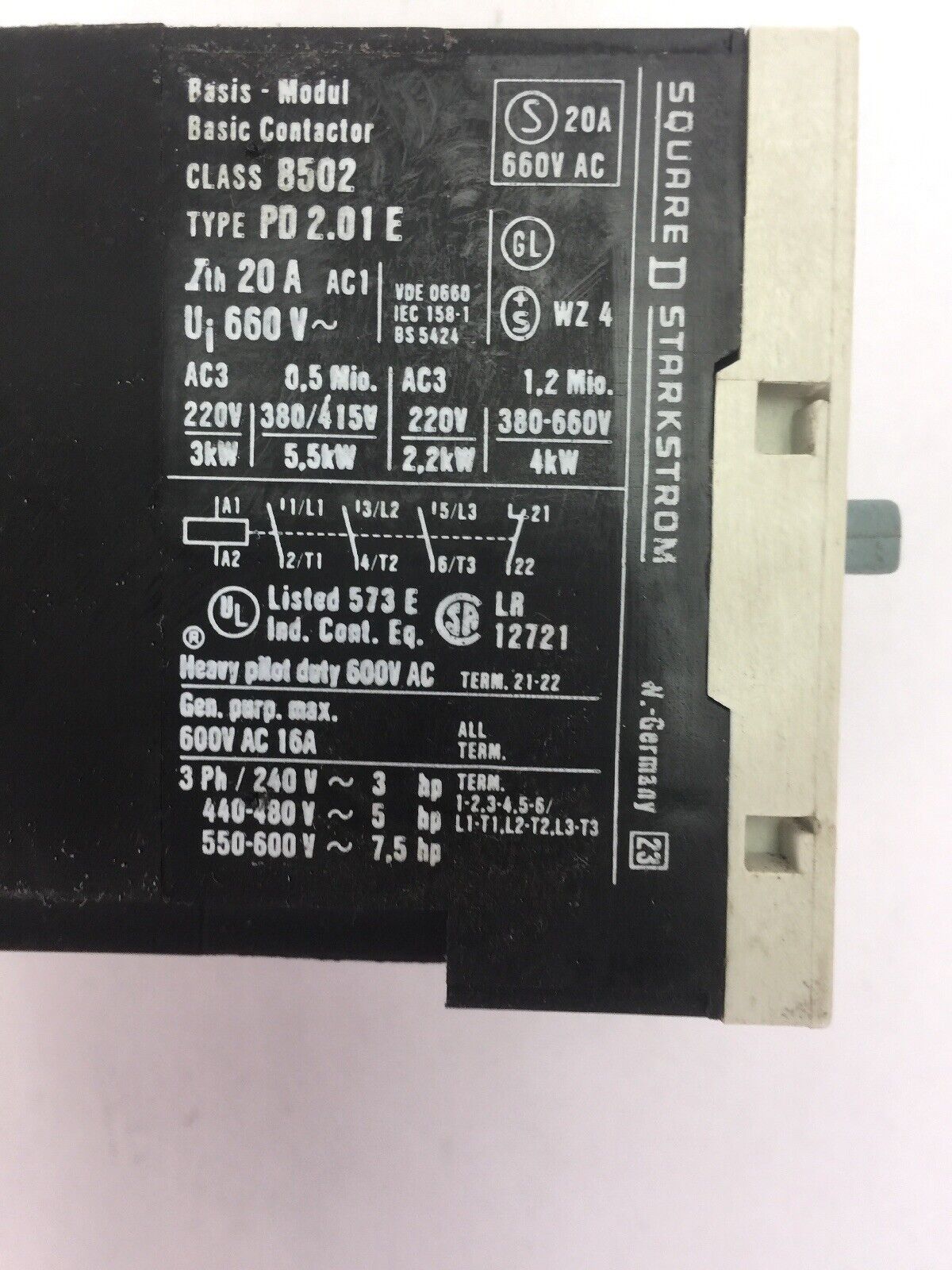 SQUARE D 8502 PD 2.01 E CONTACTOR SERIES B 600VAC 16A 7.5HP COIL 120V 60HZ