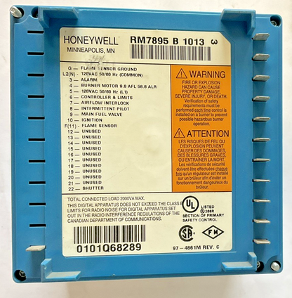 HONEYWELL RM7895B1013 BURNER CONTROL REV.C 120VAC 50/60HZ 9.8AFL 58.8ALR