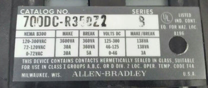 ALLEN BRADLEY 700DC-R350Z2 SER.B, 300V, 30A, 230-250V DC COIL, MISSING PARTS