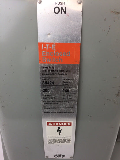 ITE SN424 HD VACU-BREAK SWITCH W/CLAMPMATIC CONTACTS 200 AMPS 240 VAC 3 PHASE