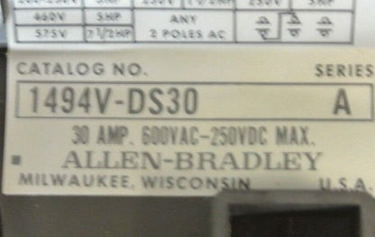 ALLEN-BRADLEY 1494V-DS30 DISCONNECT SWITCH / 30A / NEW SURPLUS