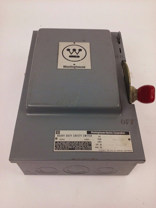 WESTINGHOUSE HU361, H.D. SAFETY SWITCH, 30A, 600V, 3P NON FUSIBLE, INDOOR, NEW