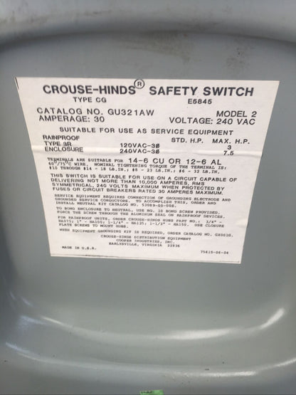 CROUSE-HINDS GU321AW SAFETY SWITCH MODEL 2 30A 240VAC 7.5HP 3P RAINPROOF TYPE 3R