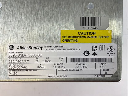 ALLEN BRADLEY 2098-DSD-HV050-SE SERVO DRIVE SER B FW VERSION V1.60 230/460VAC