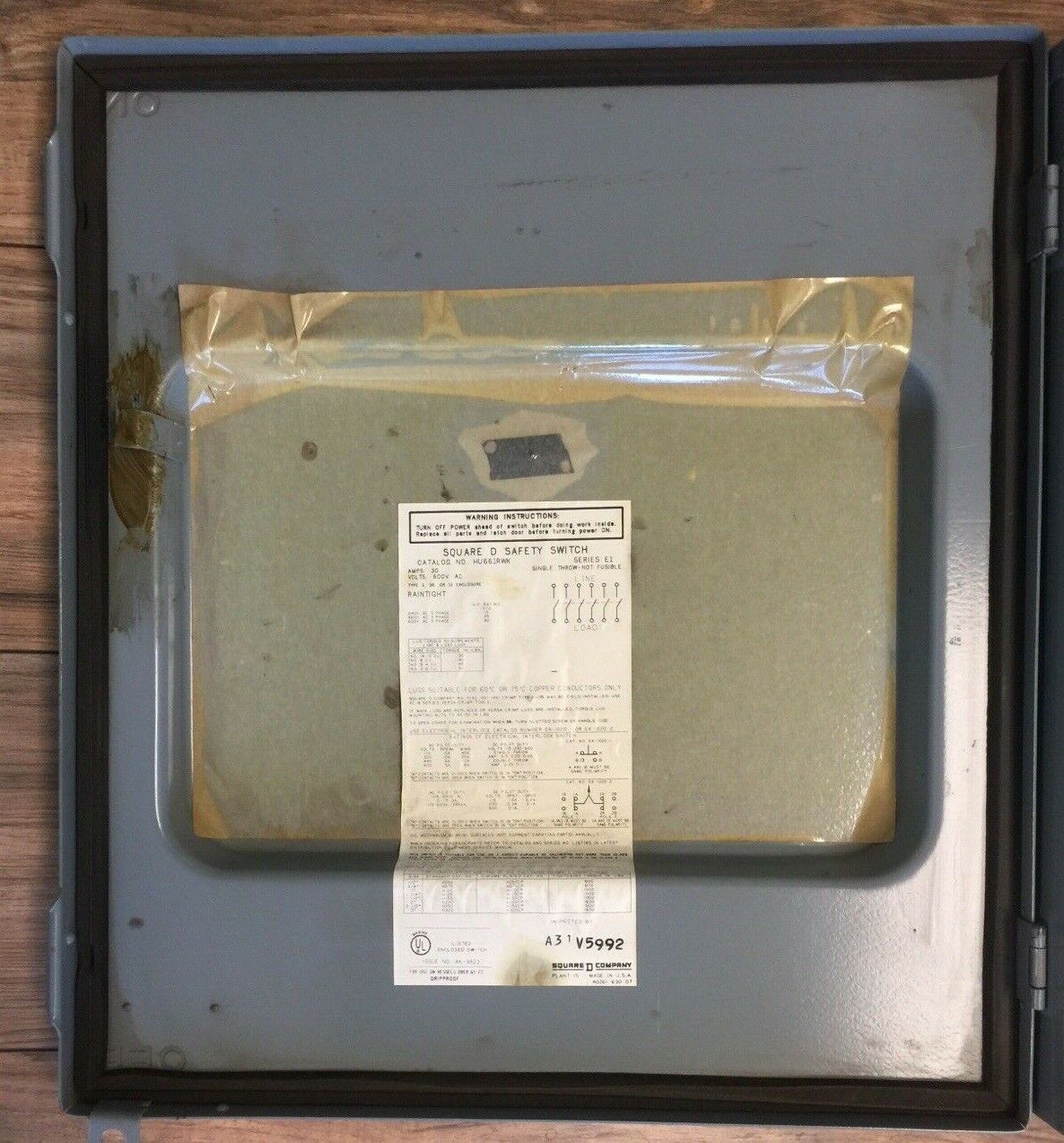 SQUARE D HU661RWK NON FUSIBLE SAFETY SWITCH SERIES E1 600VAC 30A 30HP 6 POLE