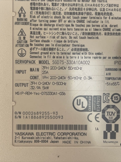 YASKAWA SGD7S-330A10A002 SERVOPACK OUTPUT 0-240V 32.9A INPUT 200-240V 25A