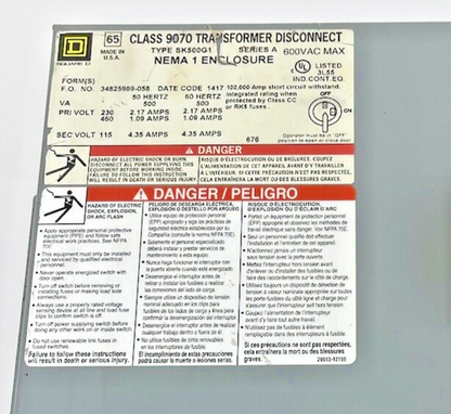 SQUARE D - SK500G1 - CLASS 9070 TRANSFORMER DISCONNECT - 9070TF500D1 TRANSFORMER