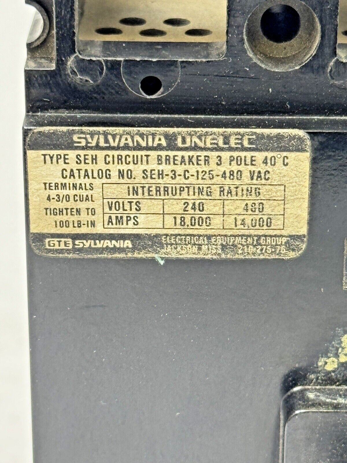 GTE/ SYLVANIA - SEH-3-C-125 - CIRCUIT BREAKER - TYPE SEH, 125 A, 480 VAC, 3 POLE