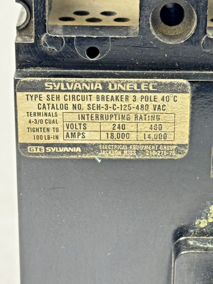 GTE/ SYLVANIA - SEH-3-C-125 - CIRCUIT BREAKER - TYPE SEH, 125 A, 480 VAC, 3 POLE