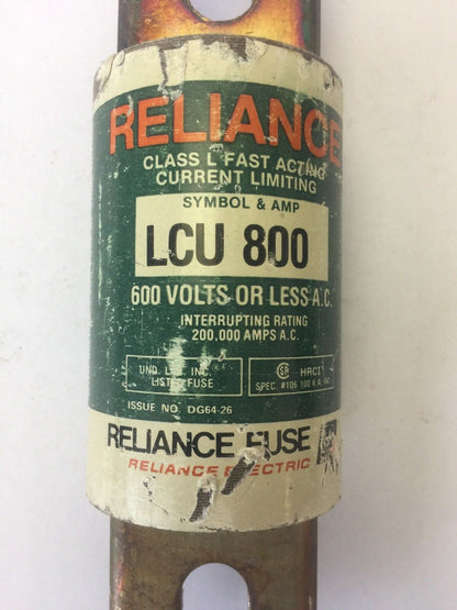 RELIANCE LCU 800 CLASS L FAST ACTING CURRENT LIMITING FUSE 800 AMPS 600 VAC