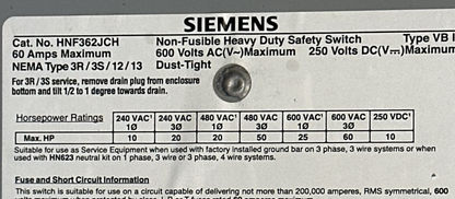 SIEMENS HNF362JCH NON-FUSIBLE HD SAFETY SWITCH TYPE 60A 600VAC 250VDC