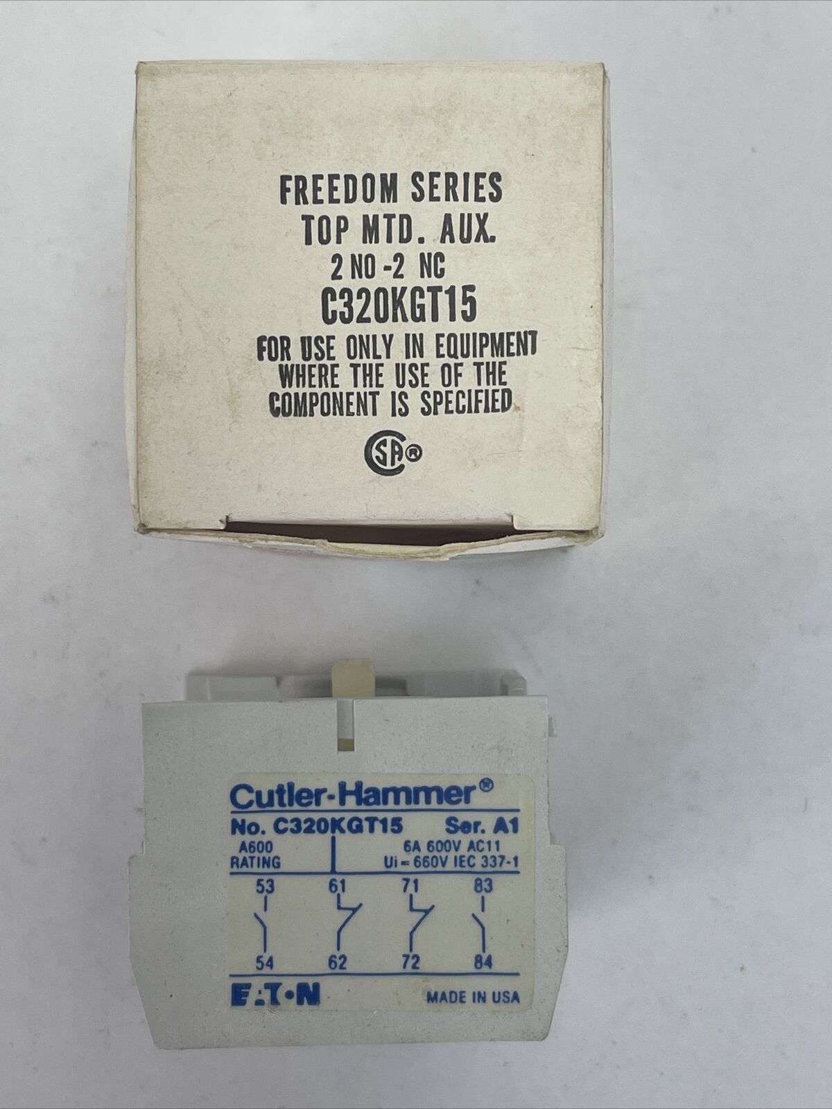 CUTLER HAMMER C320KGT15 AUXILIARY CONTACT SER A1 6A 600VAC 2N.O. 2 N.C. FREEDOM