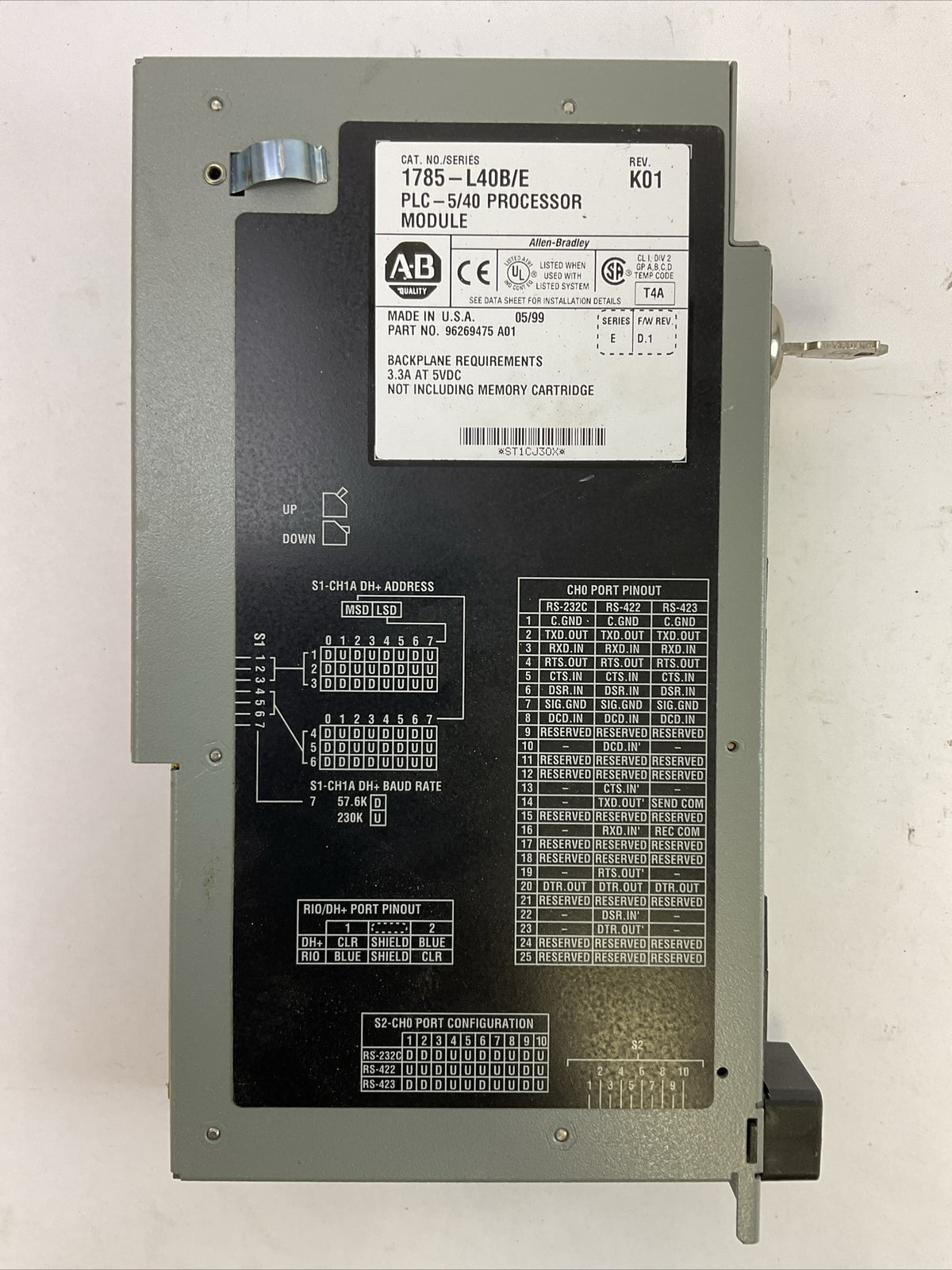 ALLEN BRADLEY 1785-L40B SER E REV K01 PLC 5/40 PROCESSOR MODULE F/W REV D.1 5VDC