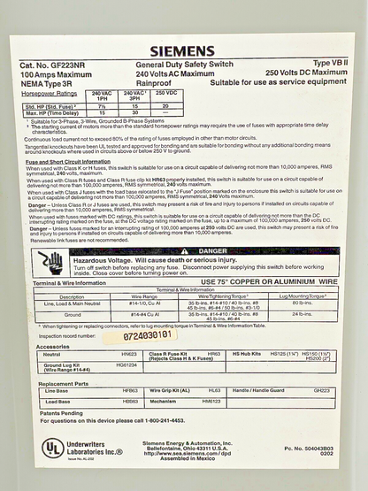 SIEMENS - GF223NR - RAINPROOF SAFETY SWITCH-2 POLE, 100A, 240 VAC, 250 VDC, 3R