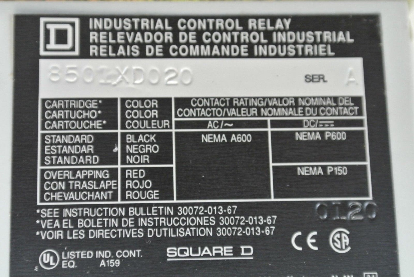 SQUARE D 8501XD020 TYPE X CONTROL RELAY / 115/125V COIL / 8-POLE / NEW SURPLUS