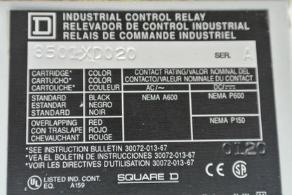 SQUARE D 8501XD020 TYPE X CONTROL RELAY / 115/125V COIL / 8-POLE / NEW SURPLUS