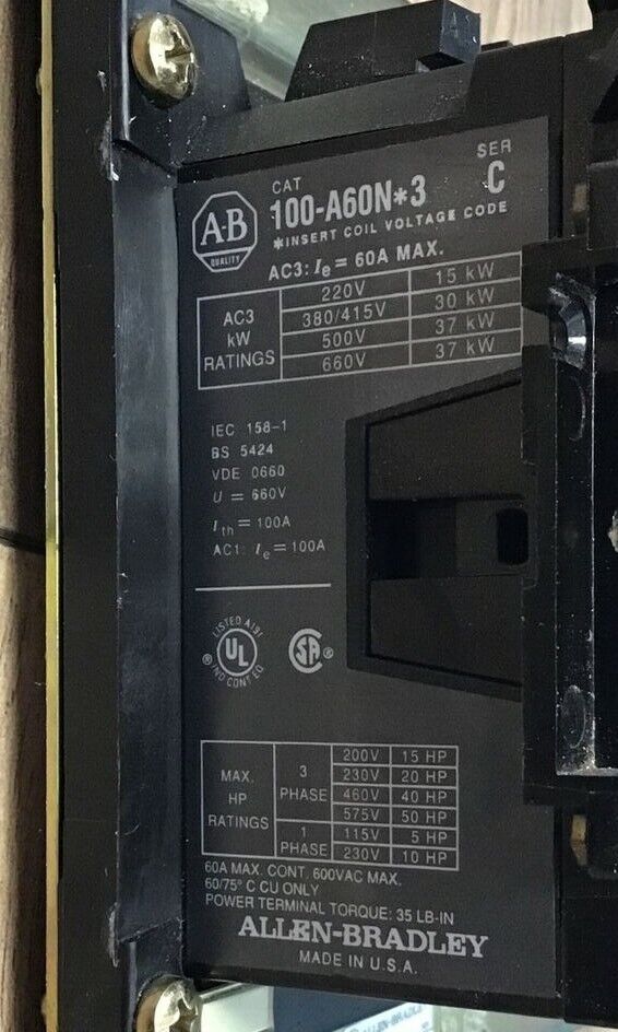 ALLEN BRADLEY 104-A60ND3 REVERSING CONTACTOR SER.C 60A 660V GD473 COIL 120V