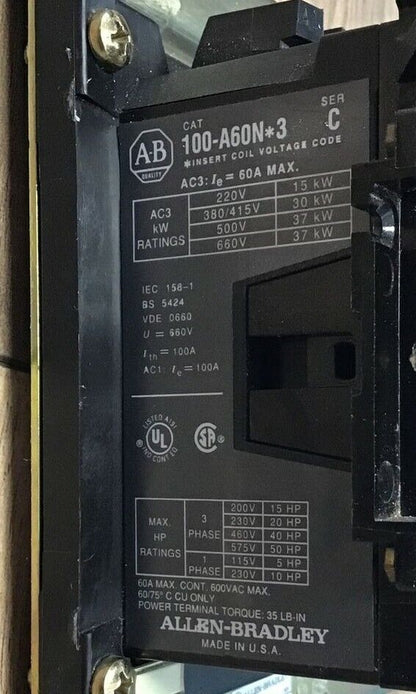 ALLEN BRADLEY 104-A60ND3 REVERSING CONTACTOR SER.C 60A 660V GD473 COIL 120V