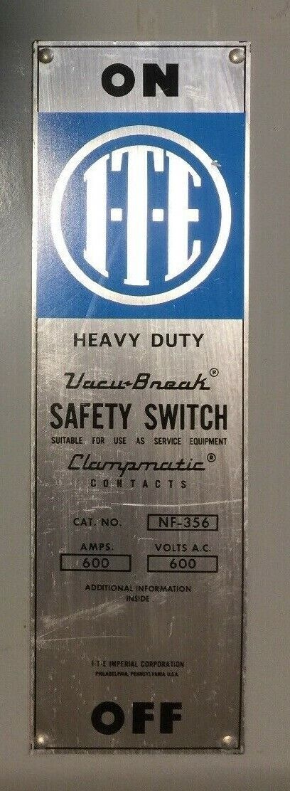 ITE NF-356 HEAVY DUTY VACU-BREAK SAFETY SWITCH 600AMP 600VAC 3 POLE NON FUSIBLE