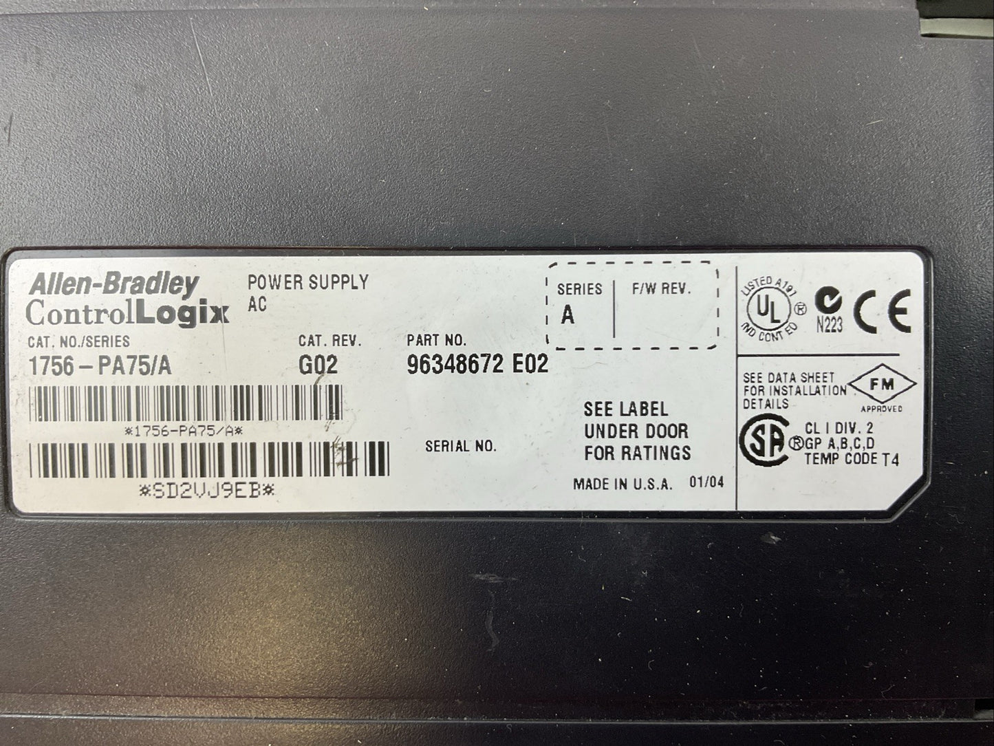 ALLEN-BRADLEY 1756-PA75 SER A CAT REV G02 POWER SUPPLY AC