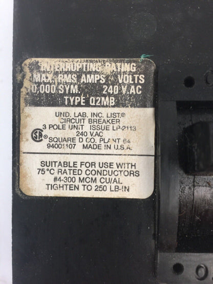 SQUARE D Q2M3225MB CIRCUIT BREAKER 240VAC 225AMP 3 POLE