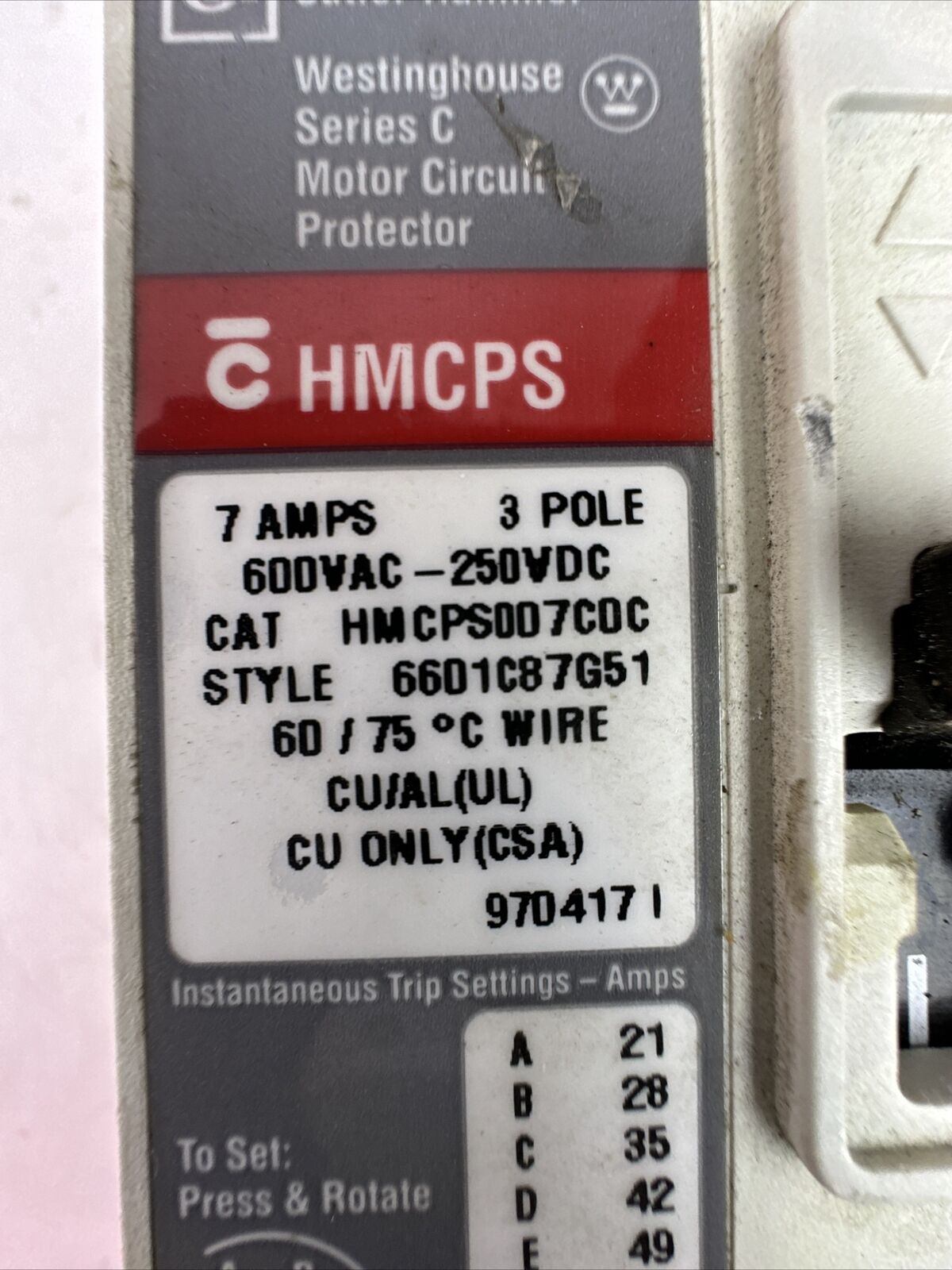 CUTLER HAMMER HMCPS007C0C SER C 3P 7AMP 600VAC 250VDC 6601C87G51 MOTOR CIRCUIT