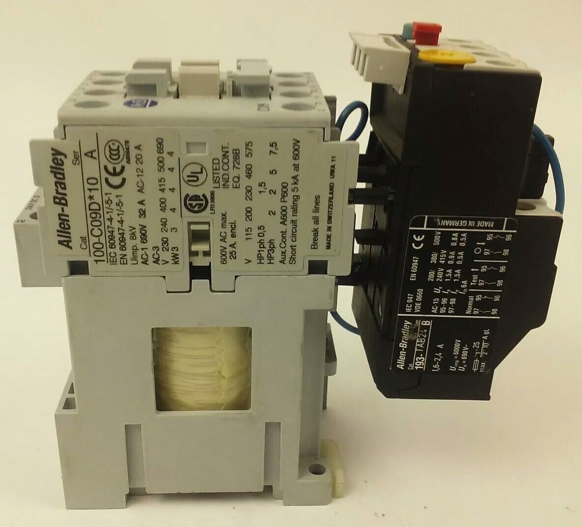 ALLEN BRADLEY 100-C09D*10 SER. A,CONTACTOR,3PH,600V,25A,24VDC COIL ,W/ 193-TAB24