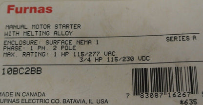 FURNAS 10BC2BB MANUAL MOTOR STARTER - NEMA 1, 1-PH, 2-POLE, 1HP @ 115/277VAC