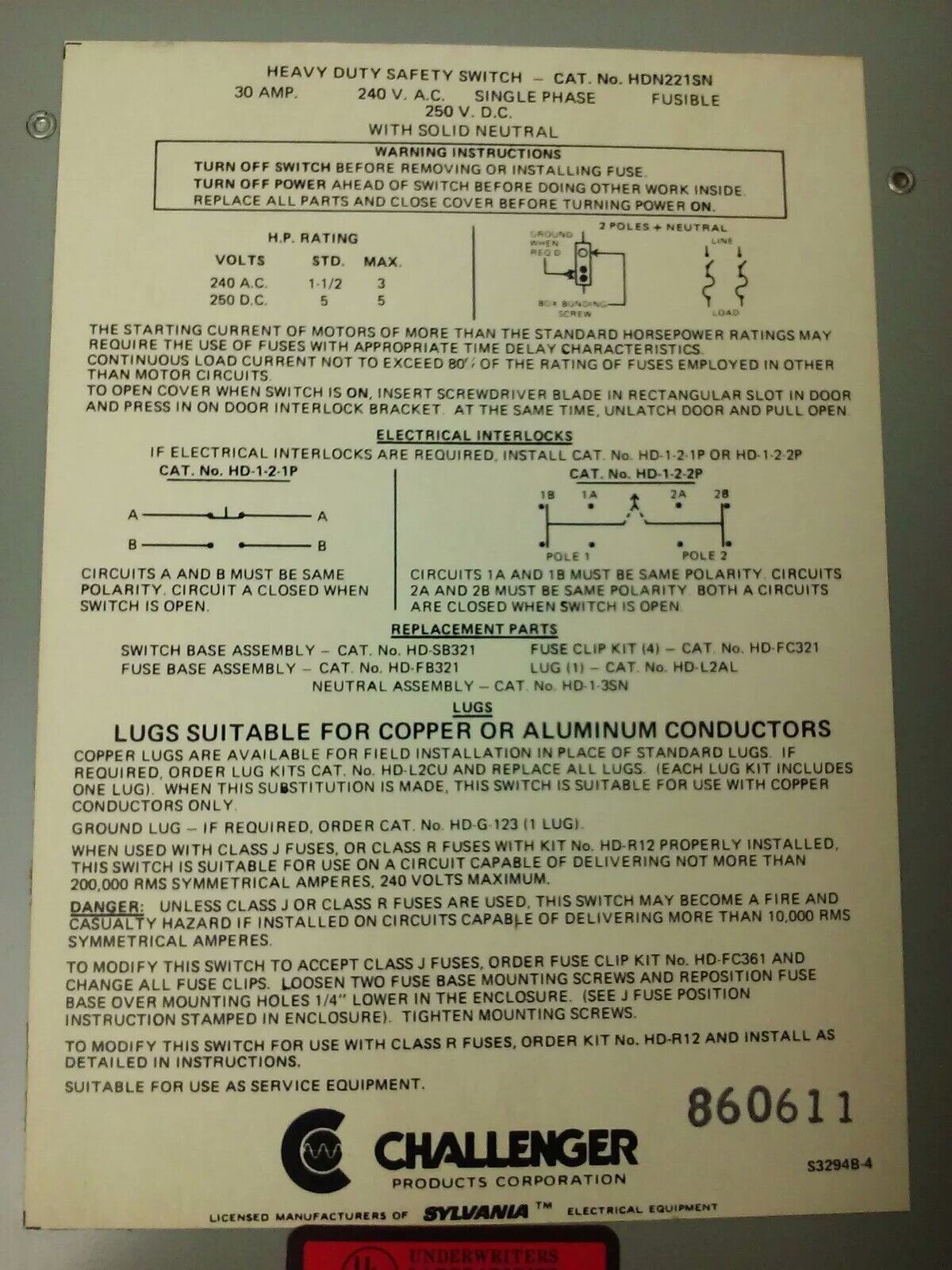 CHALLENGER HDN221SN SAFETY SWITCH, NEMA 1 INDOOR, 30A, 240V, FUSIBLE, NEW