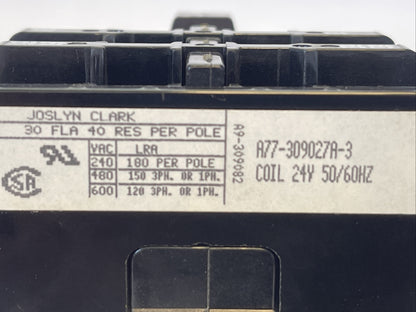 JOSLYN CLARK DP3C304-24 DEFINITE PURPOSE CONTACTOR A77-309027A-3 600VAC COIL 24V